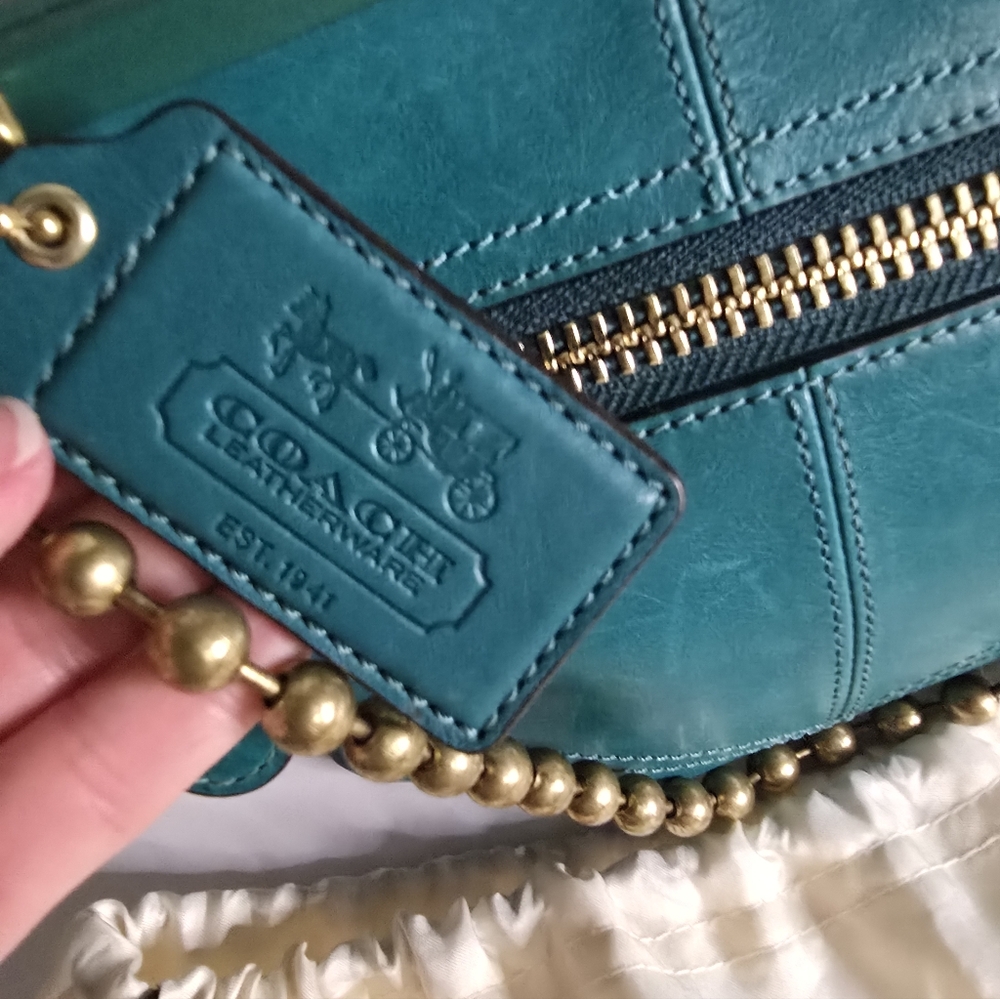 Coach Bleecker Legacy Kisslock Elegant Teal Leather Bag with Gold Chain, Vintage - Picture 4 of 13